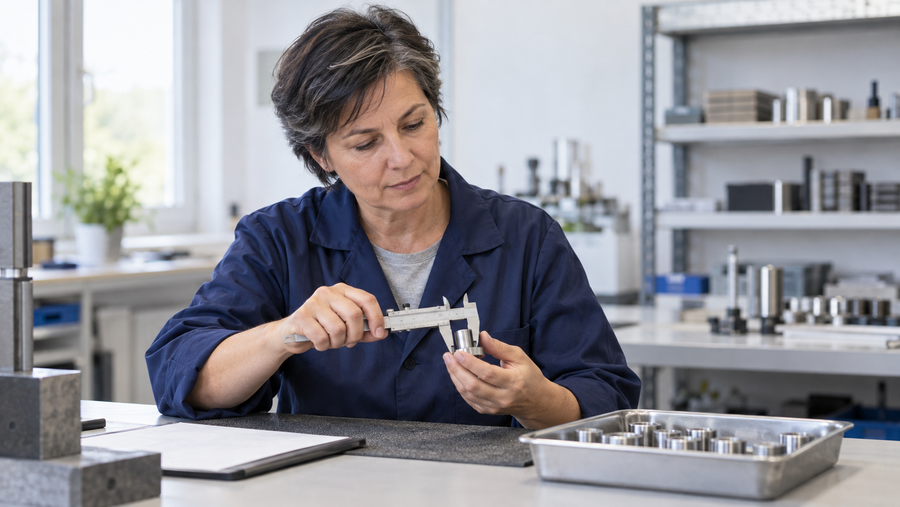 Eine erfahrene Qualitätsfachkraft prüft mit einem Messschieber ein kleines Metallbauteil neben einer Schale weiterer Teile in einem hellen Prüfraum.