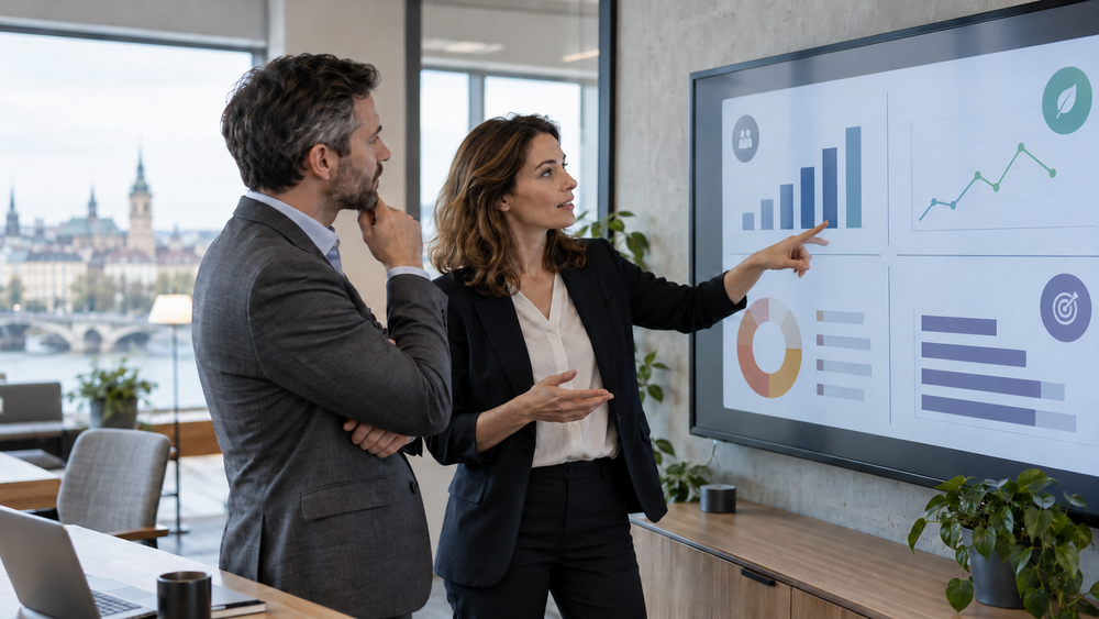 Zwei erfahrene Fachkräfte analysieren eine Balanced Scorecard auf einem großen Bildschirm
