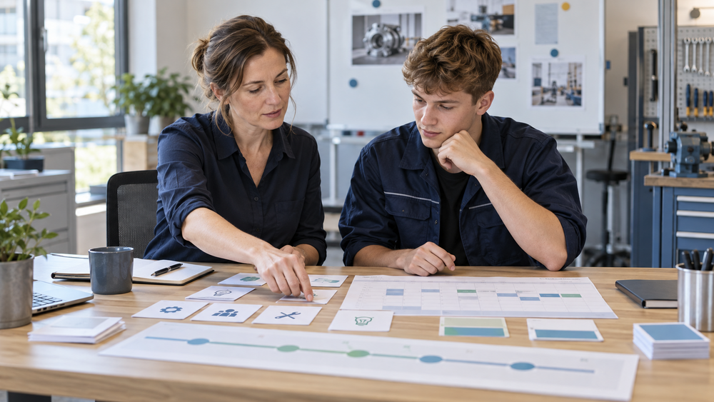 Ausbilderin und Auszubildender planen gemeinsam betriebliche Lernziele und Ausbildungsstationen