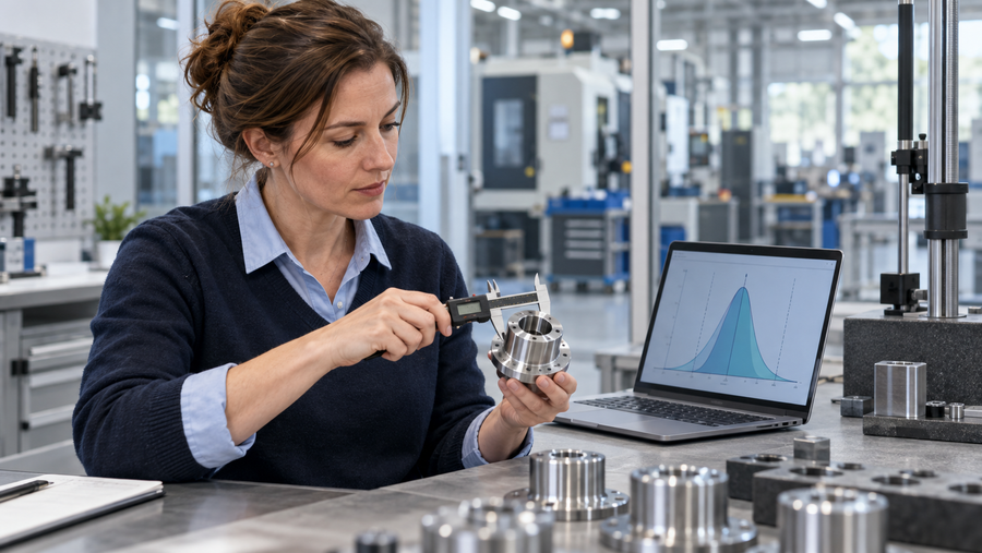 Qualitätsmanagerin misst ein Präzisionsbauteil und analysiert die Prozessfähigkeit