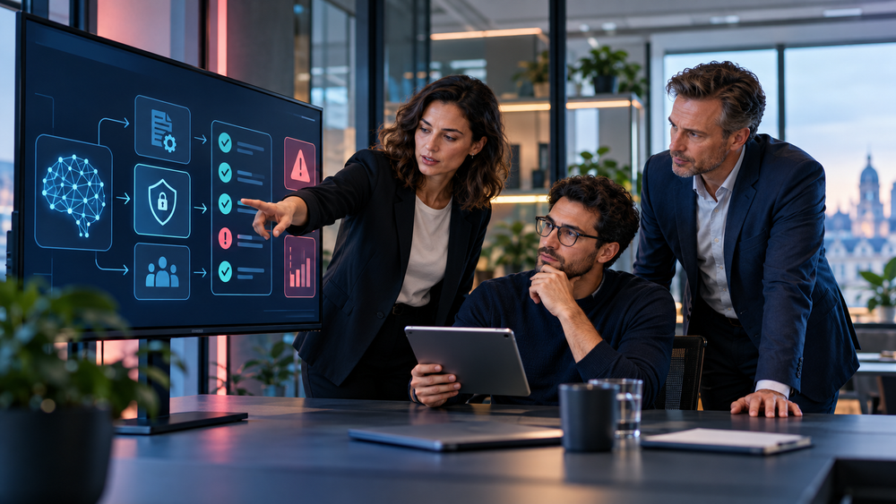 Dreiköpfiges Team bewertet Datenschutzrisiken eines KI-Workflows auf einem großen Bildschirm