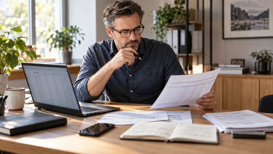 Finanzfachkraft gleicht am Schreibtisch einen Kontoauszug mit Bankumsätzen am Laptop ab