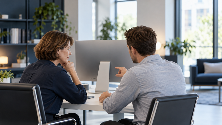 Zwei Berufstätige besprechen eine KI-Auswertung an einem Arbeitsplatz mit einem großen Monitor von hinten