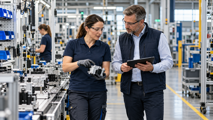 Qualitätsmanager und Prozessmitarbeiterin beobachten gemeinsam einen Montageablauf bei einem Gemba Walk