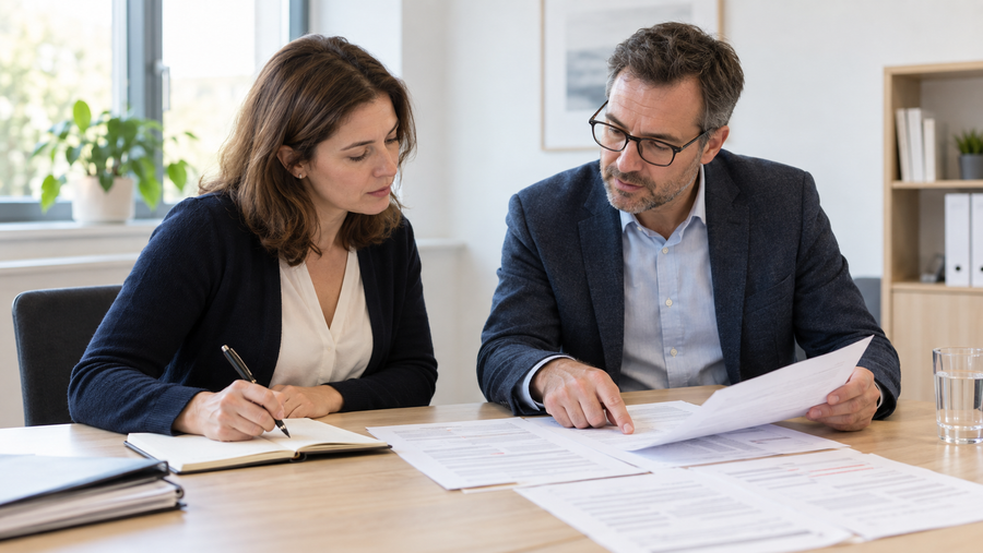 Prüfungsteilnehmerin prüft gemeinsam mit einem IHK-Sachbearbeiter ihre bewerteten Prüfungsunterlagen