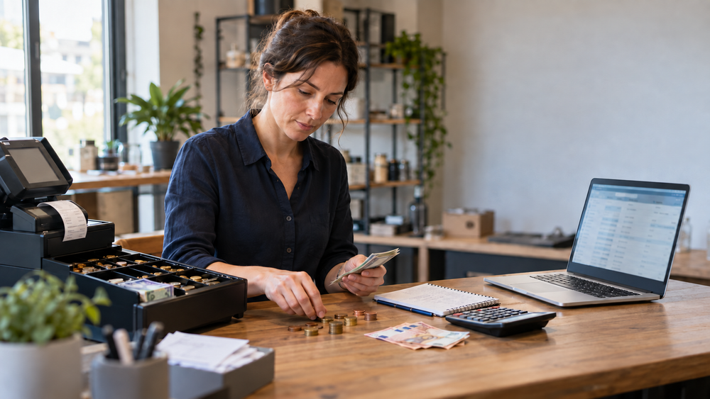 Unternehmerin stimmt Bargeld und Kassenaufzeichnungen am Tagesende ab