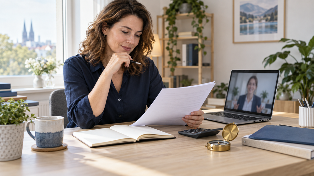 Solo-Selbstständige prüft Unterlagen und Budget für eine geförderte Weiterbildung im Homeoffice