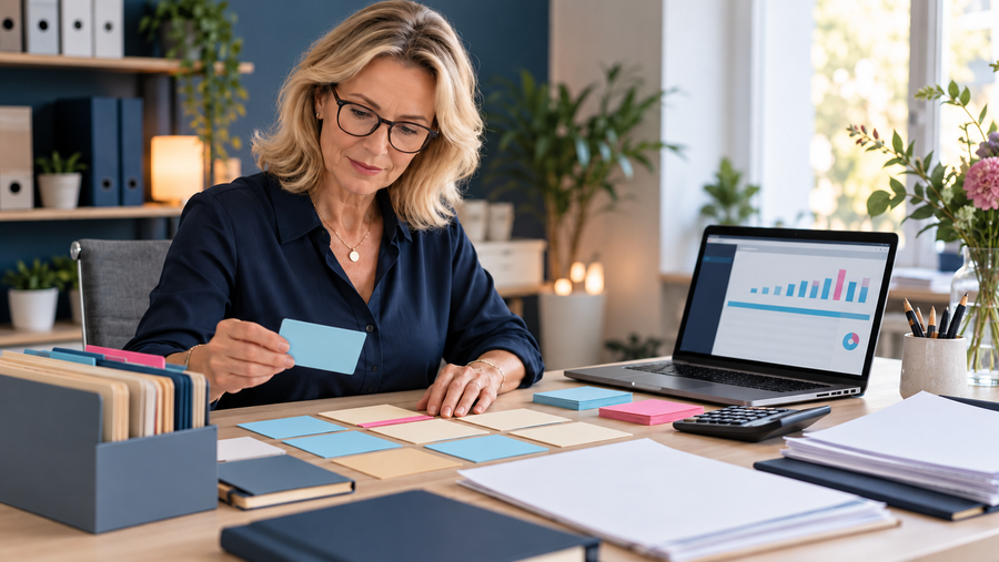 Teilnehmerin ordnet Konten und Buchungsunterlagen während einer digitalen Finanzbuchhaltungsübung