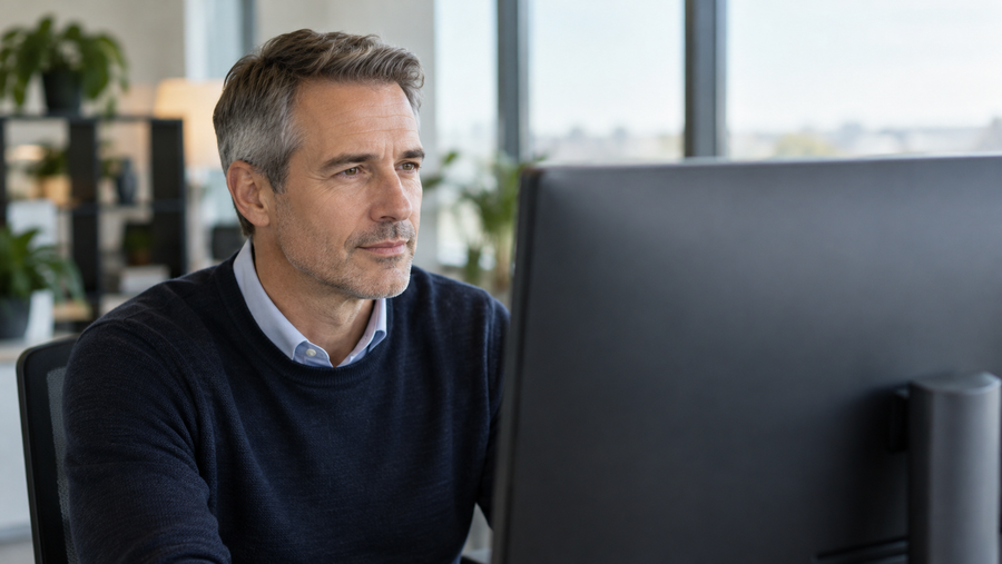 Berufserfahrener Mann vergleicht konzentriert Informationen an einem Monitor im hellen Büro