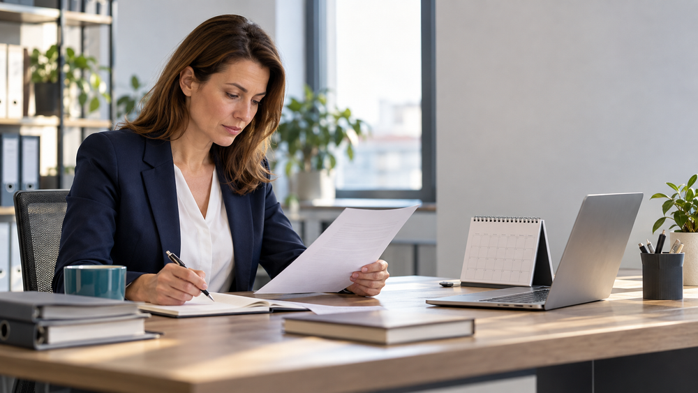 Personalmanagerin prüft Arbeitsvertrag und Kalender für eine Kündigungsfrist