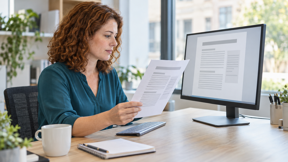 Mitarbeiterin vergleicht eine digital erfasste Dokumentansicht am Bildschirm mit einer Papierunterlage im Büro