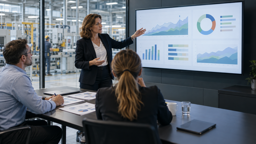 Qualitätsmanagerin moderiert eine Managementbewertung mit Prozesskennzahlen im Besprechungsraum