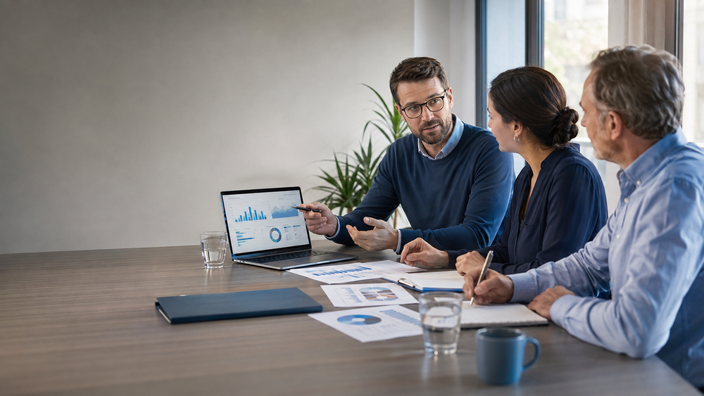 Drei Fach- und Führungskräfte besprechen bei einer Managementbewertung Qualitätskennzahlen und Maßnahmen