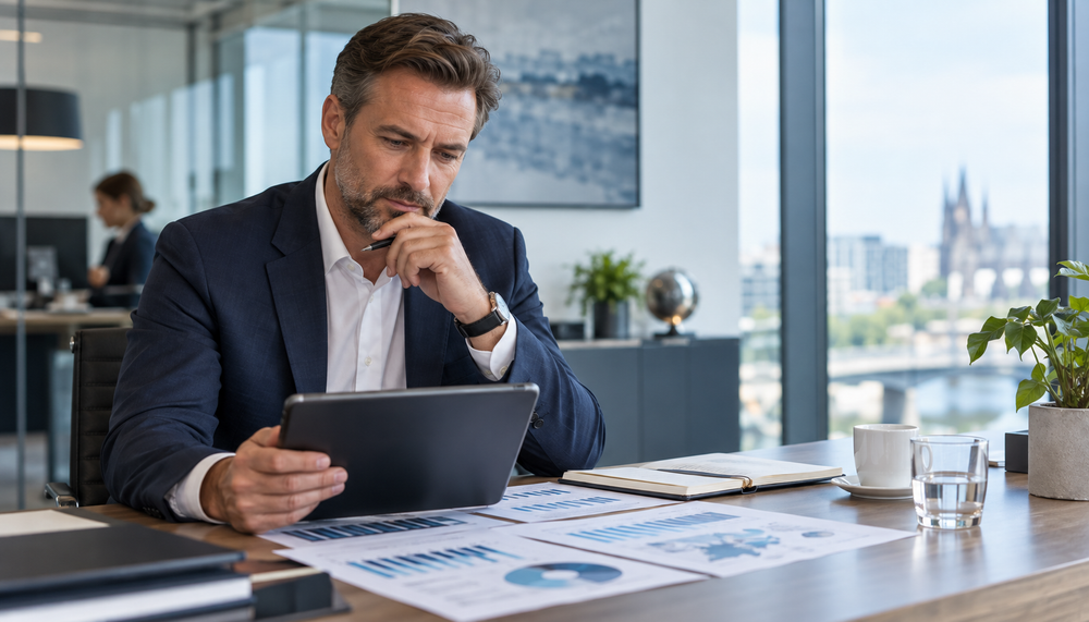 Bankfachwirt analysiert Finanzdaten für die Entscheidung über ein MBA-Studium