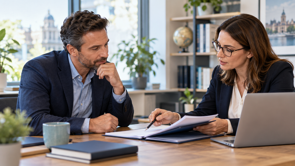 Berufserfahrener Interessent bespricht mit einer Studienberaterin seine Unterlagen für einen MBA ohne Bachelor