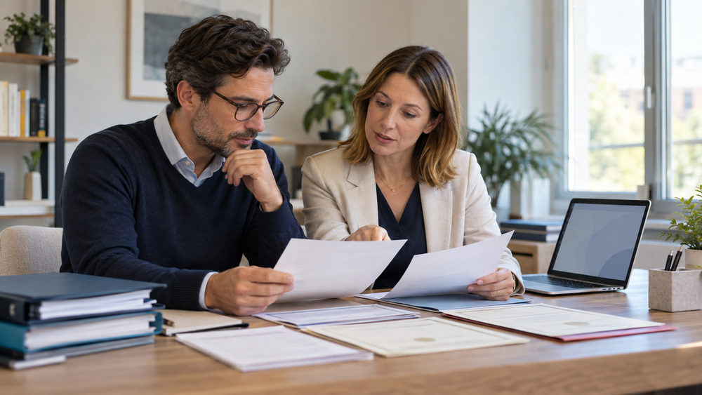 Berufstätiger und Studienberaterin prüfen Nachweise für eine MBA-Bewerbung