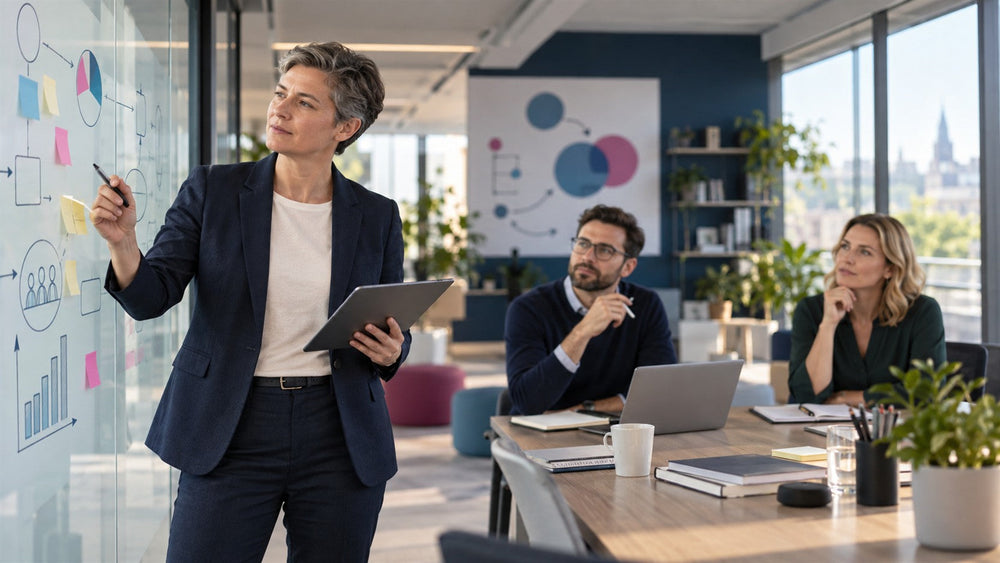 Berufspädagogin entwickelt mit zwei Kollegen eine strategische Bildungsplanung im modernen Büro