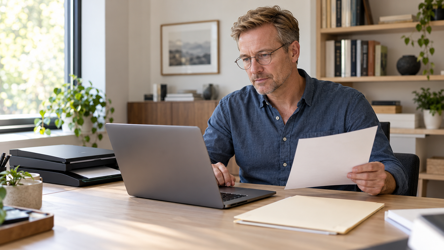 Berufserfahrener Mann prüft am Laptop digitale Bewerbungsunterlagen neben einem Scanner und einer Papiermappe.