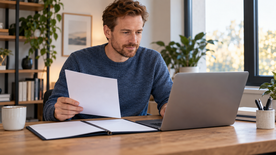Berufserfahrener Mann mit kurzem rötlichem Haar und blauem Strickpullover prüft am Laptop eine Rückmeldung und hält ein unbeschriftetes Blatt über einer offenen Unterlagenmappe.