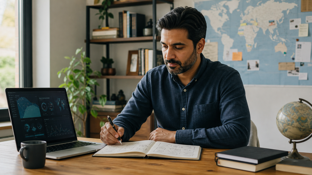 Berufstätiger plant sein Online-MBA-Studium im Homeoffice