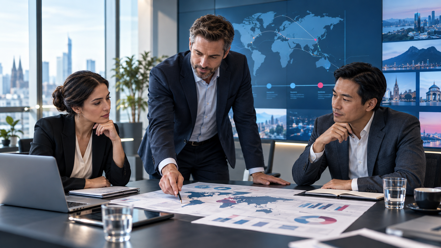 Projektleiter entwickelt mit seinem Team eine internationale Unternehmensstrategie