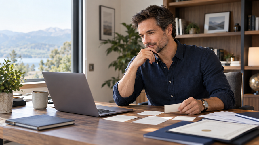 Berufserfahrener MBA-Interessent plant sein Motivationsschreiben am Schreibtisch