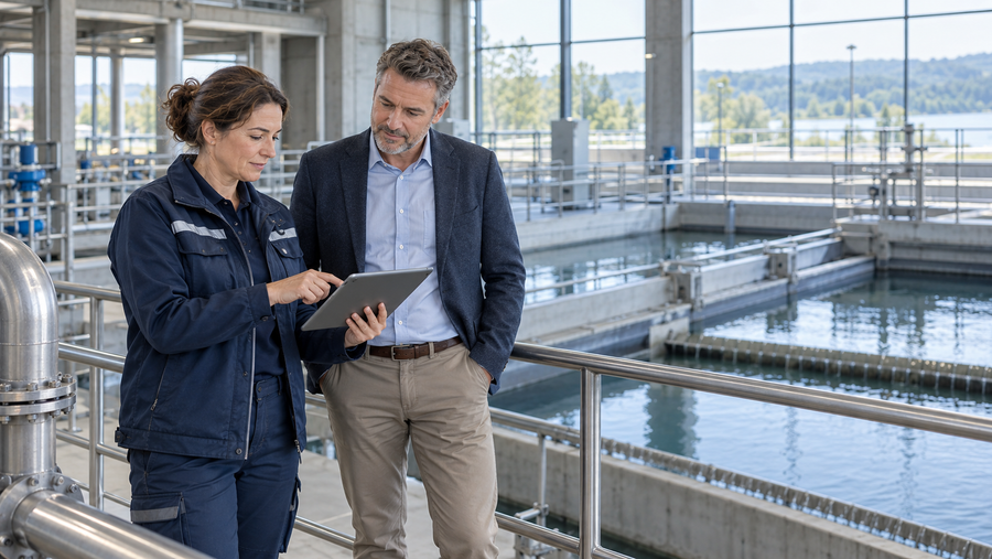 Wassermeisterin und Managementkollege besprechen strategische Entscheidungen in einer modernen Wasseraufbereitungsanlage