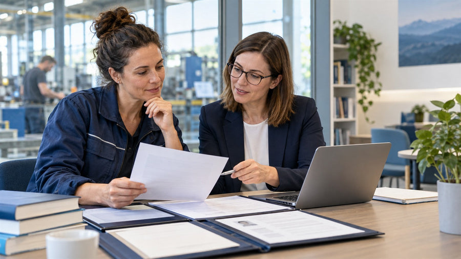 Berufserfahrene Fachkraft und Studienberaterin prüfen Unterlagen für einen MBA-Zugang ohne Abitur und Bachelor