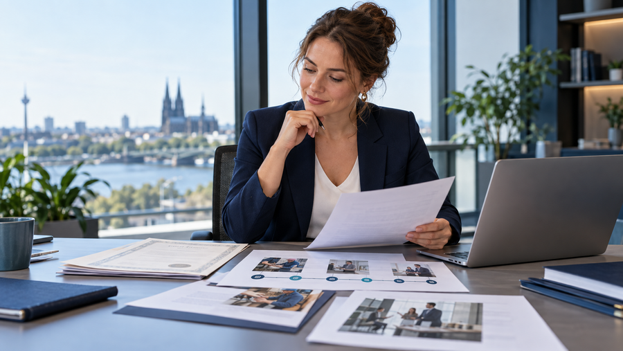 Berufserfahrene Bewerberin prüft Ausbildungs- und Beschäftigungsnachweise für die MBA-Zulassung ohne Bachelor