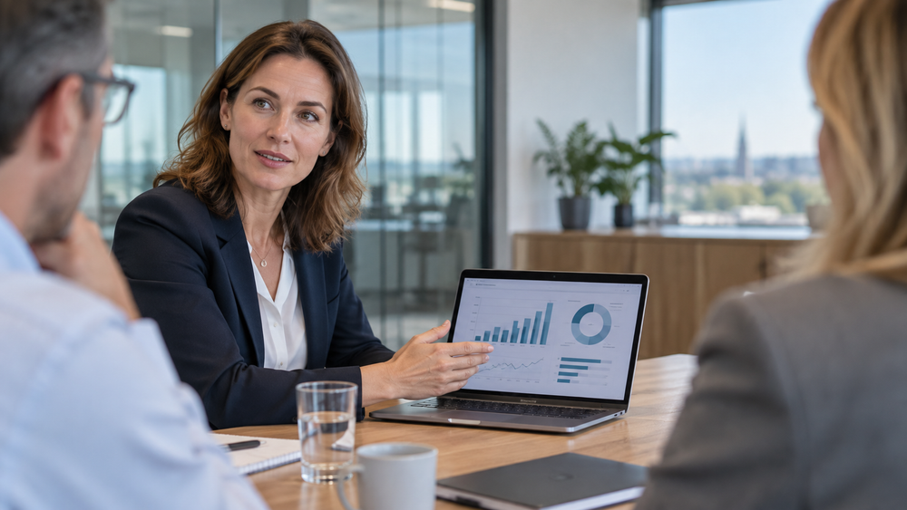 Erfahrene Fachspezialistin präsentiert eine strategische Analyse im Team