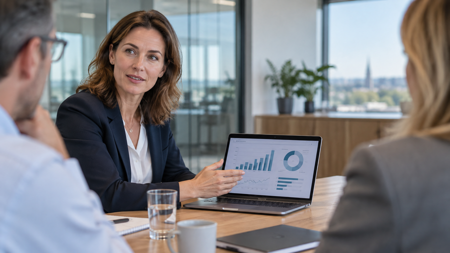 Erfahrene Fachspezialistin präsentiert eine strategische Analyse im Team