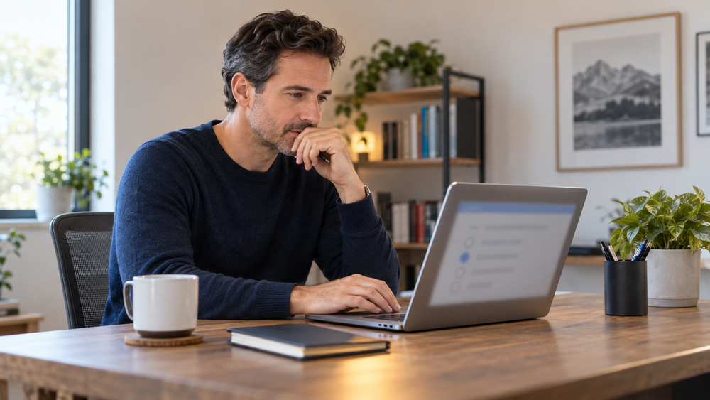Berufserfahrener MBA-Student bereitet sich am Laptop auf eine Online-Prüfung vor