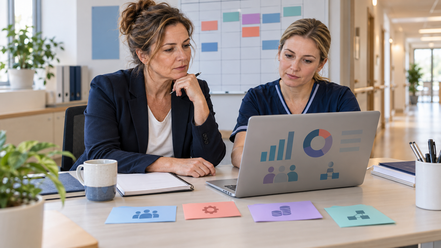 Pflegedienstleiterin und Pflegefachkraft besprechen Personalplanung und Qualitätskennzahlen