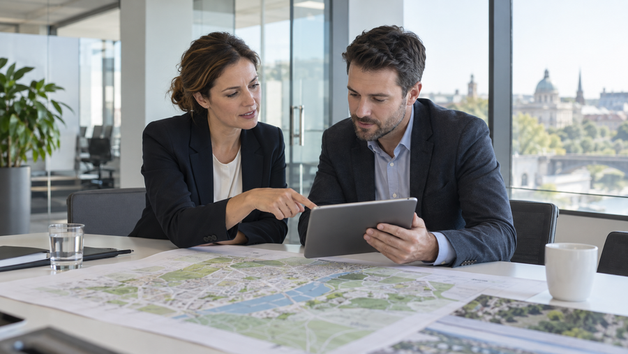 Verwaltungsfachwirtin und Kollege planen an einem Stadtplan ein strategisches Digitalisierungsprojekt