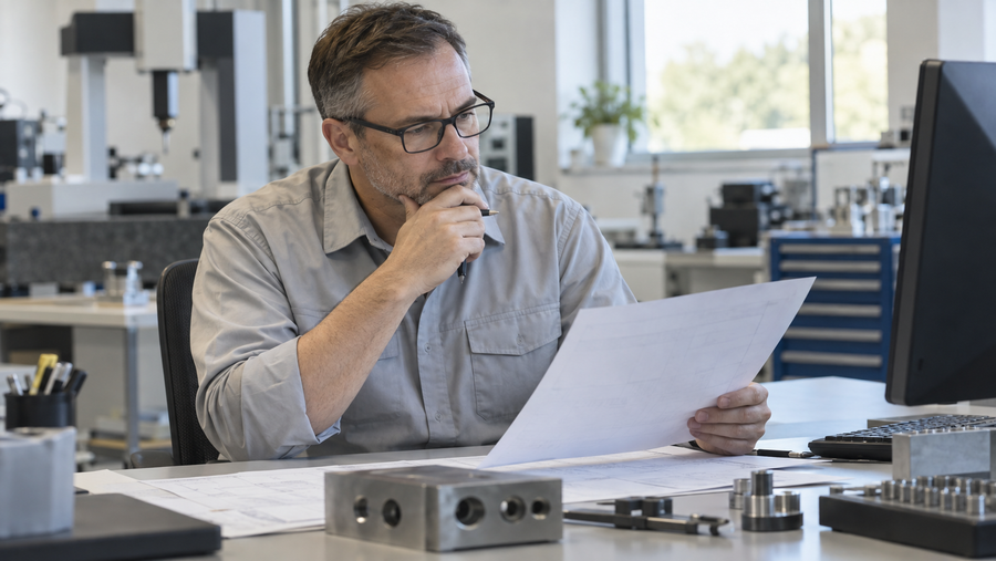 Qualitätsfachkraft mit Brille vergleicht Messunterlagen und eine Bildschirmdarstellung an einem hellen Arbeitsplatz im Prüflabor