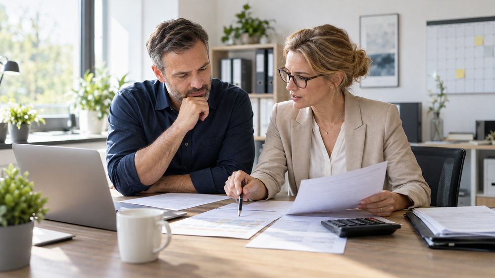 Arbeitgeber und Lohnabrechnungsexpertin planen Arbeitszeit und Verdienst eines Minijobs für 2026