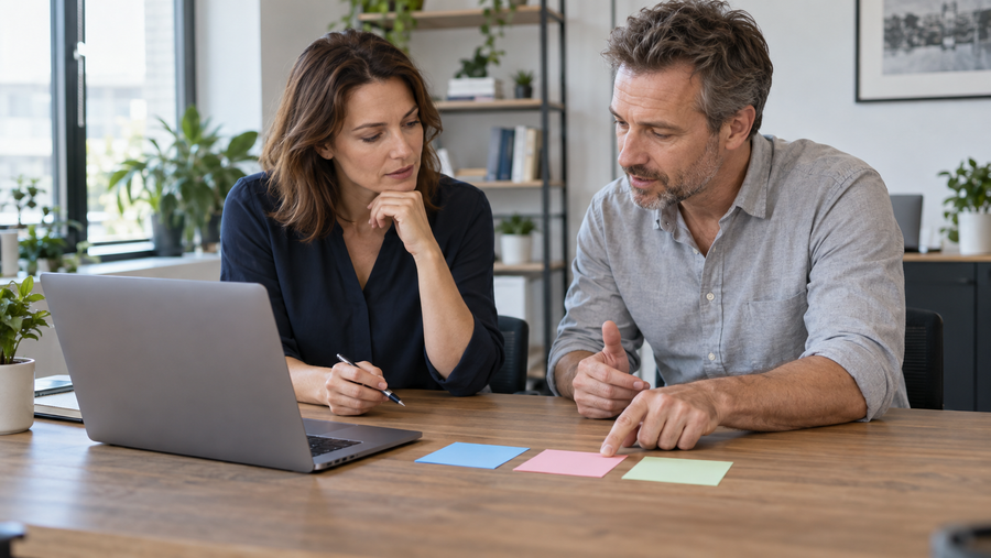 Marketingfachfrau und Website-Techniker besprechen drei unbeschriftete Karten am Schreibtisch neben einem Laptop.