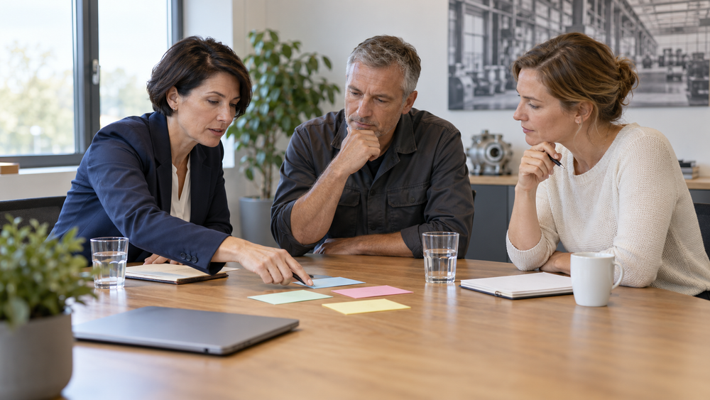 Drei berufserfahrene Fachkräfte besprechen an einem Holztisch mögliche Projekthindernisse anhand farbiger Karten.