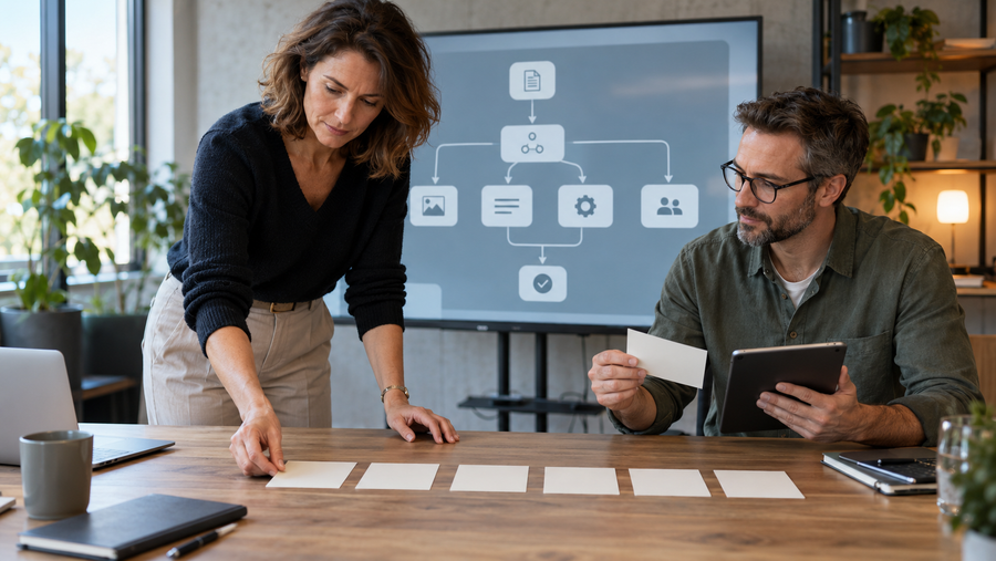 Zwei Fachkräfte zerlegen einen KI-Workflow im Büro in sechs prüfbare Arbeitsschritte