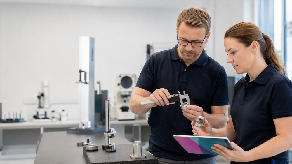Zwei Qualitätsfachkräfte prüfen ein Metallbauteil mit einem Messschieber im Messlabor