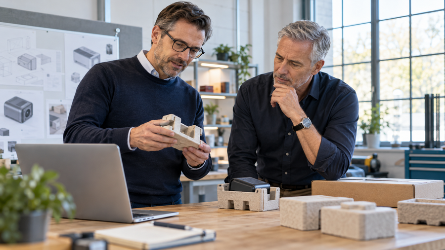 Zwei berufserfahrene Fachkräfte besprechen an einem kleinen Verpackungsprototyp in einem hellen Werkstattbüro eine stufenweise Investition.