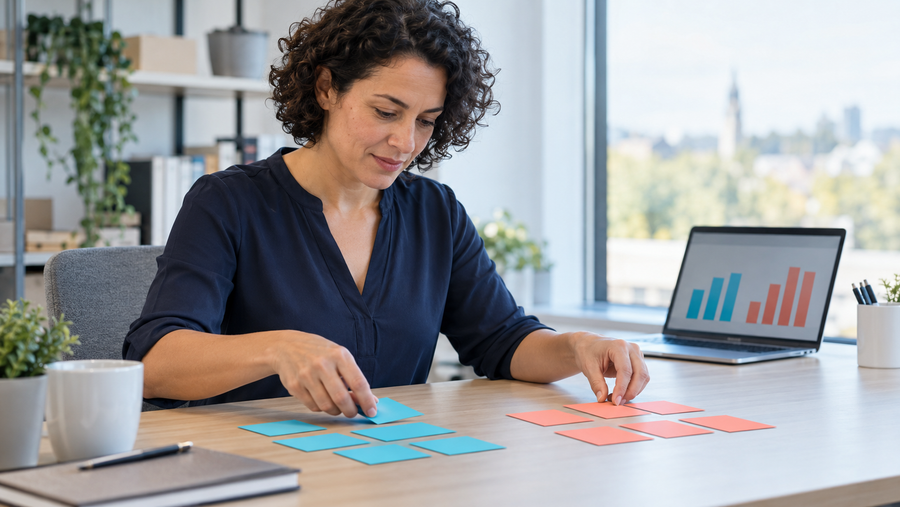 Qualitätsanalystin ordnet cyanfarbene und korallfarbene Karten in getrennte Gruppen; daneben zeigt ein Laptop zwei farbige Balkengruppen.