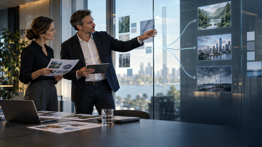 Berufserfahrene MBA-Studierende vergleichen plausible Zukunftsszenarien in einem Strategieworkshop