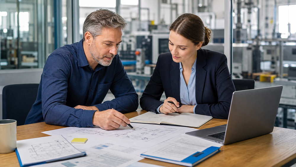 Technischer Betriebswirt bespricht technische Prozesse und Unternehmensstrategie