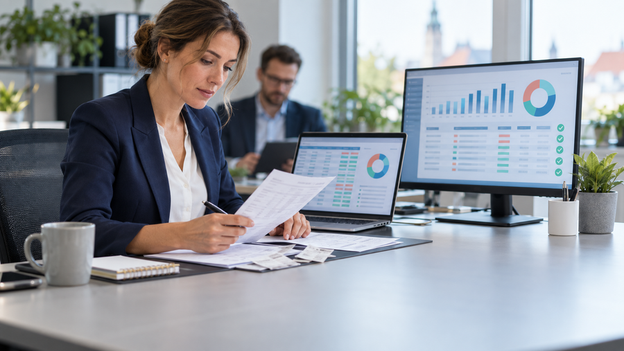 Finanzbuchhalterin vergleicht Belege mit digitalen Kontenauswertungen zur Klärung eines Verrechnungskontos