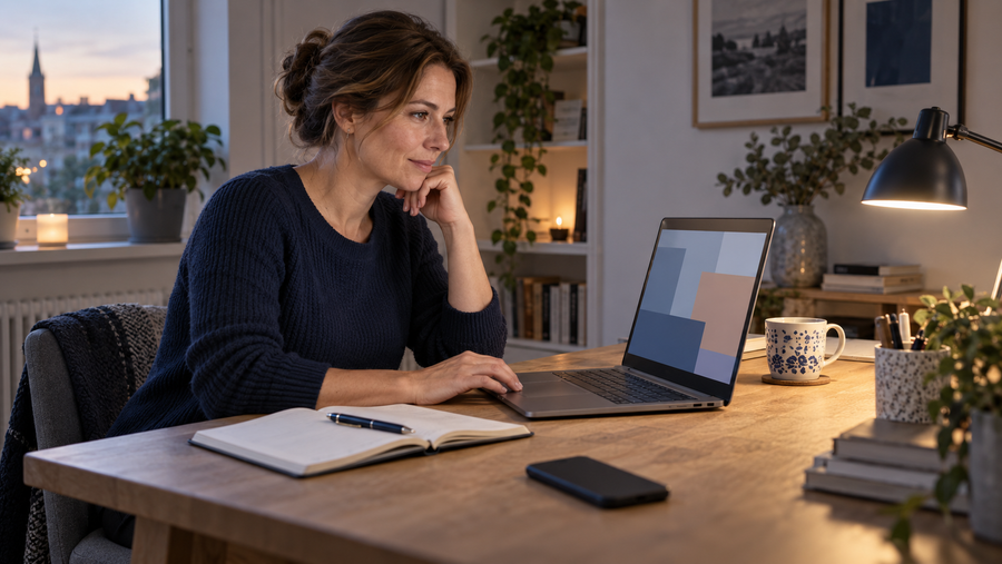 Berufserfahrene Frau beginnt am heimischen Schreibtisch eine Online-Lerneinheit am Laptop; Notizbuch und Stift liegen bereit, das Smartphone ist zur Seite gelegt.