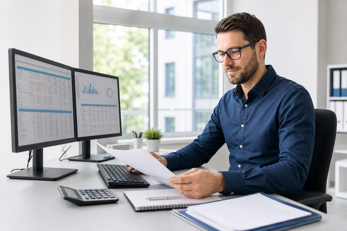 EDV-Payroll-Fachkraft prüft Mitarbeiterdaten und digitale Lohnabrechnungen