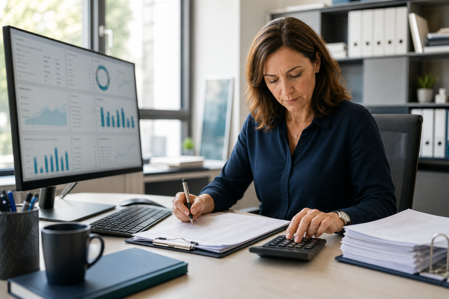 Finanzbuchhalterin arbeitet konzentriert an Auswertungen und einem digitalen Buchhaltungsdashboard