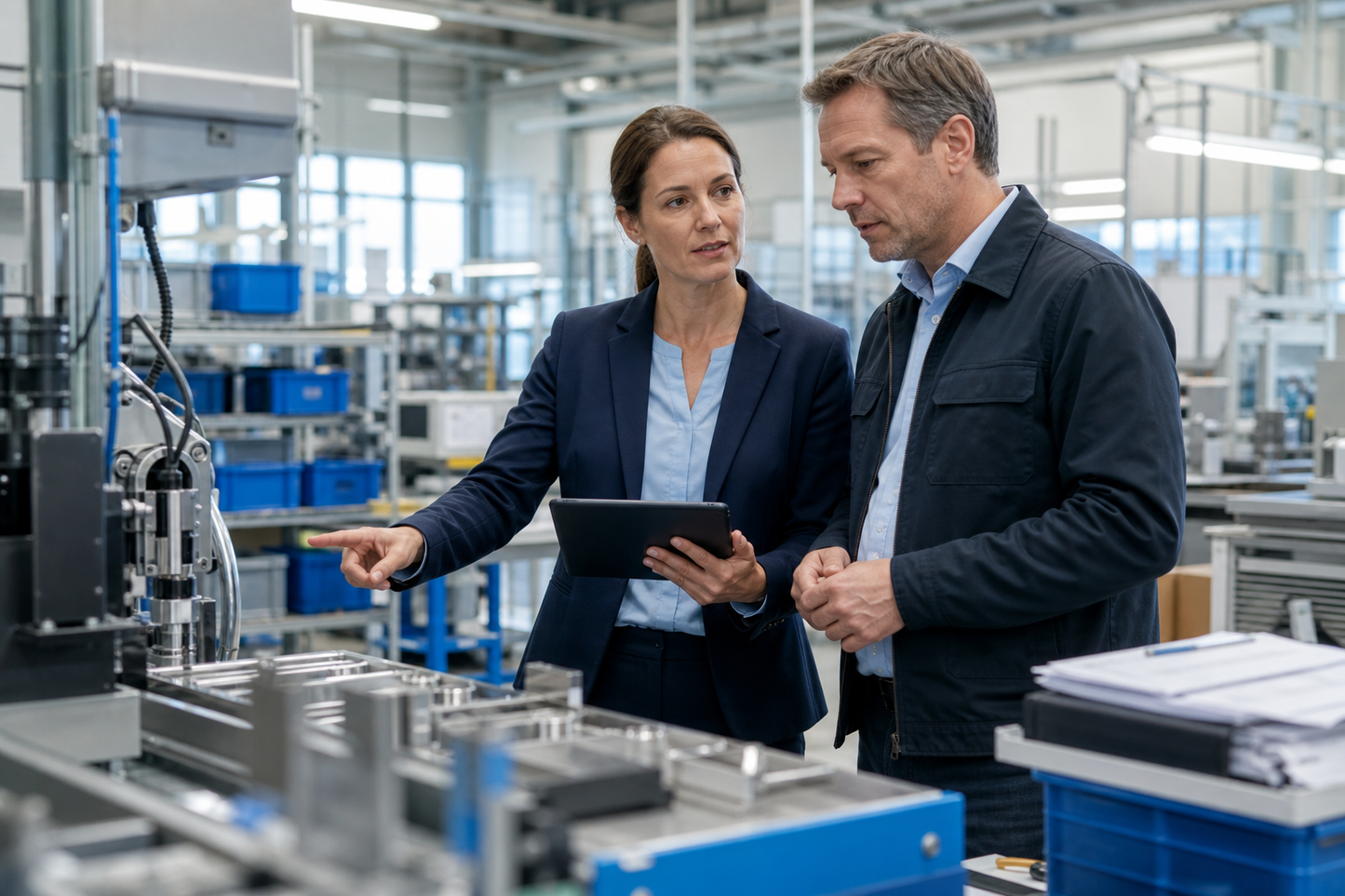 Qualitätsauditorin prüft gemeinsam mit einem Produktionsverantwortlichen einen Fertigungsprozess