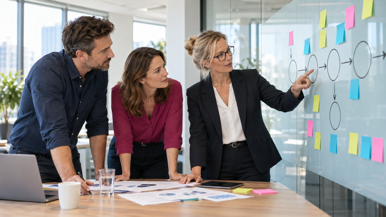 QM-Team verfolgt auf einer Glaswand die Ursachen eines Prozessproblems mit der 5-Why-Methode